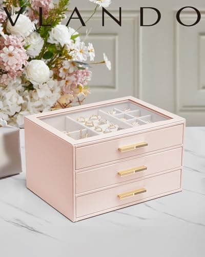 VLANDO Jewelry Box for Women, Glass Lid Jewelry Organizer with 3 Drawers for Necklaces Rings Earrings Bracelets Mother Day Gift for Mom - Dark Pink - Thumbnail 2