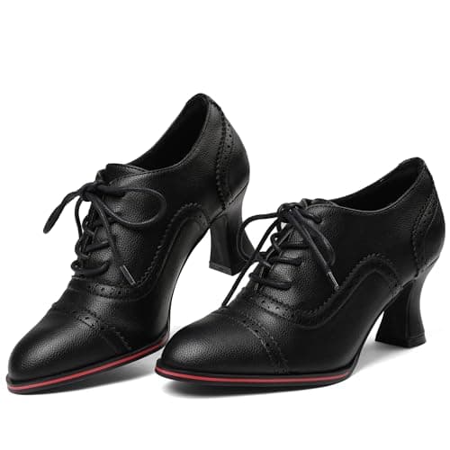Yremael Women's Black Oxfords Dress Wingtip Vintage Comfortable Chunky High Heel Lace Up Brogues Booties - Thumbnail 3