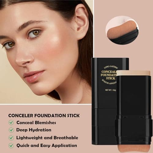 Foundation Stick, 2 in 1 Dual-Ended Long-Lasting Foundation, Concealer Stick with Brush, Full Coverage for Dark Circles & Blemishes, Hydrating Matte Contour Sticks for Face Makeup (01) - Thumbnail 3