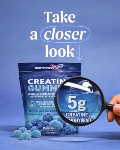 BodyFusion X Creatine Gummies 5g – Sugar Free, Vegan, Non-GMO – Muscle Strength, Recovery & Performance Support – Blue Raspberry Flavor – Anti-Melt Formula – 120 Gummies - Thumbnail 6