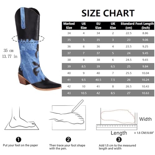 Cozivwaiy Women Denim Cowboy Boots Patchwork Knee High Cowgirl Boots Western Black Boot Mid Calf Jean Blue Boot Pointed Toe Chunky Heel Pull On Size 10 - Thumbnail 5