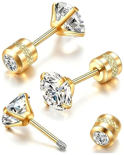 MHWTTY Hypoallergenic Cartilage Earrings for Women Men, 1 Pairs Titanium Stud for Women Gold Silver Black 20G Post & Screw Back with Cubic Zirconia 3 4 5 6 7 mm Piercing Jewelry (Gold, 5mm)