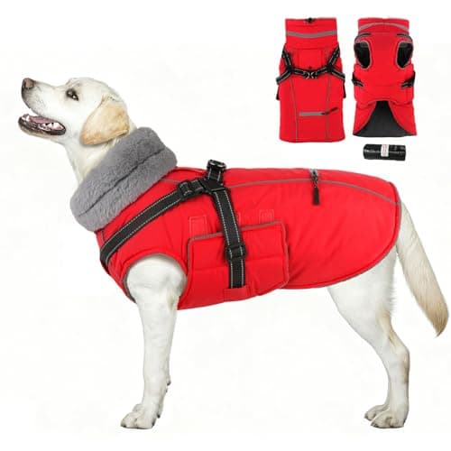 PETDSH Dog Coat Large, Built-in Harness Dog Jacket with Warm Fleece Lining, Waterproof Reflective Dogs Winter Coat, Pet Coats with Pocket and Trash Bags (Red, XX-Large) - Image 1