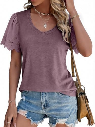 Chulianyouhuo Women's Tops Short Sleeve V Neck Lace Eyelet Blouse Dressy Casual Summer Trendy T Shirts(Dark Pink S) - Image 1