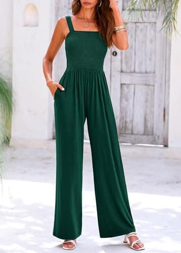 KIRUNDO Wide Leg Jumpsuits for Women Overalls One Piece Summer Smocked Sleeveless Petite Jumpsuits Long Pant Romper with Pockets 2026 Summer Clothes(Green, Small) - Thumbnail 6