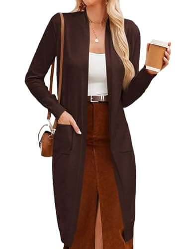 GRACE KARIN Brown Long Cardigan for Women Long Sleeve Open Front Knit Cardigan Duster with Pockets Chocolate Brown Fall Clothes Coffee,S - Thumbnail 2