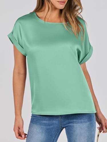 ANRABESS Women's Summer Dressy Casual Short Sleeve Shirts Crewneck Satin 2026 Business Office Work Blouse Tops Light Green Large - Thumbnail 3