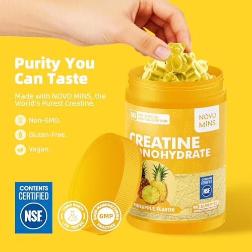 novomins Creatine Monohydrate Gummies for Men & Women, Chewables Creatine Monohydrate for Muscle Strength, Muscle Builder, Energy Boost, Pre-Workout Supplement(90 Count)-Pineapple Flavor. - Thumbnail 4