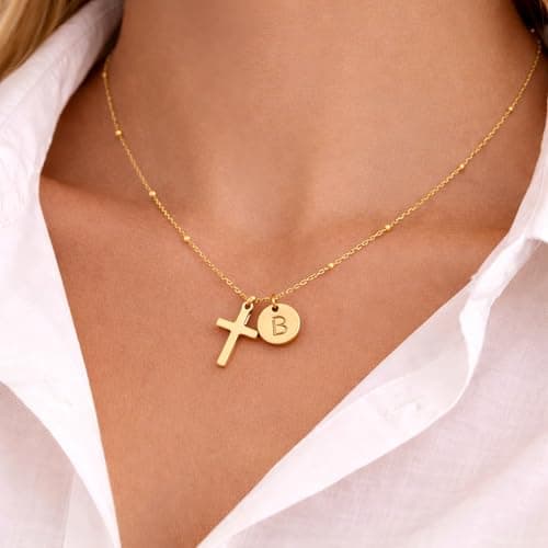 Fohufo Gold Cross Necklace for Women - Easter Basket Stuffers for Adult, Christian Gifts for Women Gold Cross Necklace, Initial Necklaces, Easter Christian Birthday Gifts, E Initial Necklaces - Thumbnail 2
