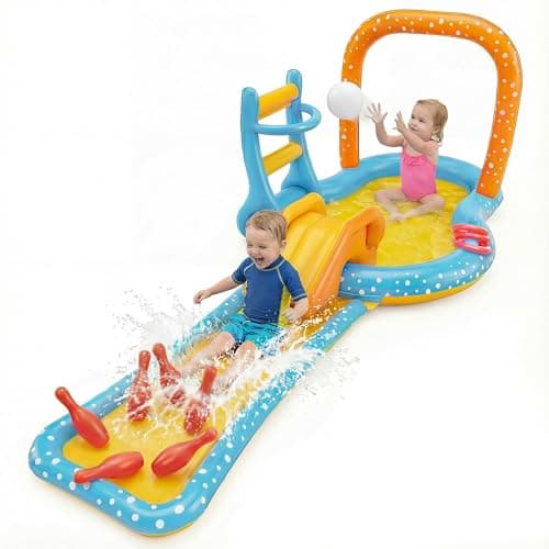 Inflatable Kiddie Pool with Dual Slides, Kids Splash Pool Play Center with Water Slide & Slip Slide, Outdoor Backyard Water Toy for Toddlers