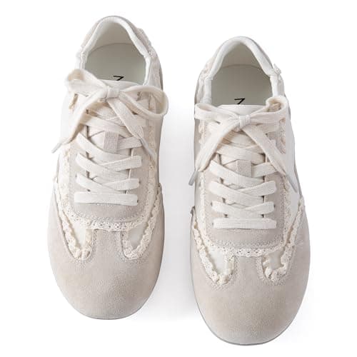 N.N.G Women Retro Sneakers with Lace Trim - Low Top Suede & Breathable Panels, Round Toe Casual Daily Trainers, Everyday Comfort Nude Shoes, Size 6 - Image 1