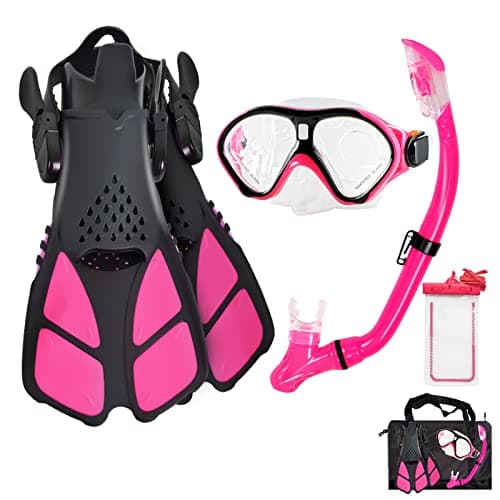Aisrida Kids Snorkeling Set Children Mask Fin Snorkel Set Snorkeling Gear Snorkel Mask + Adjustable Swimming Kids Flippers+ Dry Snorkel Tube + Travel Bags (Red) - Image 1