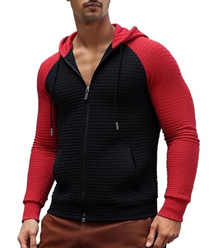 Men Lightweight Waffle Knit Hoodie Zip Up Drawstring Sweatshirt with Hood Long Sleeve Casual Warm Jacket with Pocket - Image 1