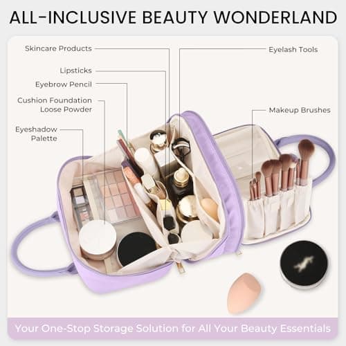 Travel Makeup Bag for Women Fashion Large Capacity Pouch Open Flat Cosmetic Portable Organizer Waterproof Large Opening Storage Toiletry Bags Vertical Free-Standing Brush Holder for Easy Access Purple - Thumbnail 2