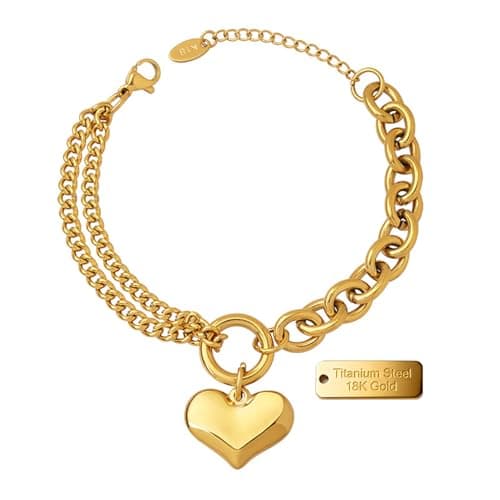 Alegend Titanium Steel (Not Rust, Resist Corruption, Easily Clean) 18K Gold Plated Romantic Heart Charm Bracelet - Adjustable Fit - Image 1