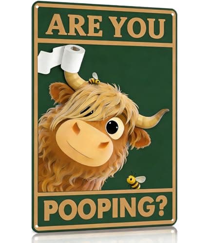 Zoyuinn Vintage Highland Cow Tin Sign 8x12 Inch, Funny “Are You Pooping?” Bathroom Wall Decor, Matte Metal Wall Plaque for Western Farmhouse Restroom Toilet Decor, Rounded Corners, Pre-Drilled Holes - Image 1