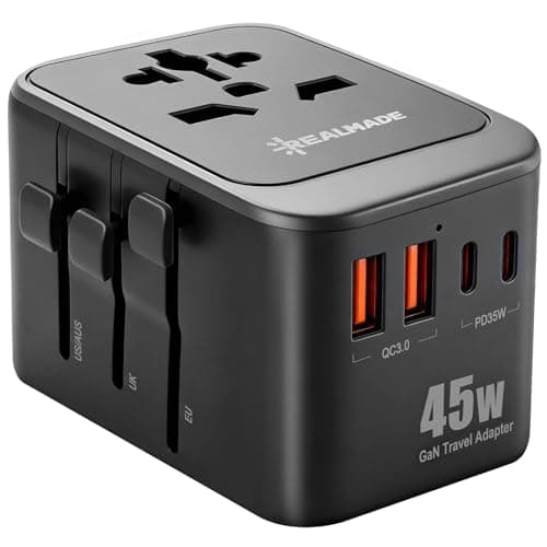 Realmade 45W Universal Travel Adapter with PD Fast Charging，lnternational Power Adapter 5-Port (1 AC/2 USB-A/2 USB-C) European Travel Plug Adapter, Travel Essentials (Black Gray)