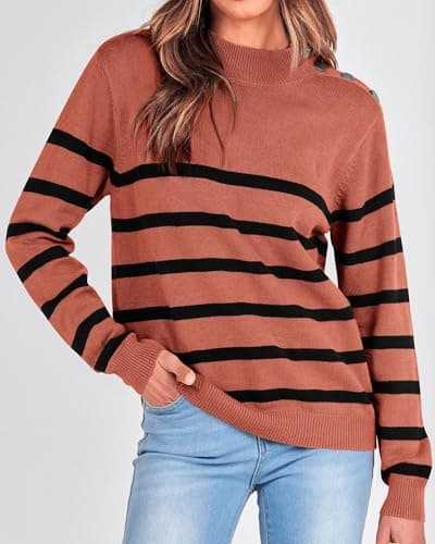 KIRUNDO Fall Sweaters for Women 2026 Striped Turtleneck Ribbed Knit Sweater Trendy Pullover Jumper Winter Fashion Clothing(Medium, Rust Red) - Thumbnail 2