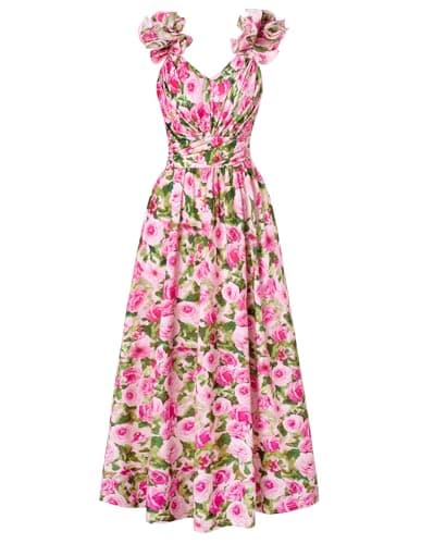 GRACE KARIN 2026 Women's Summer Floral Print Sleeveless Long Casual Flowy A Line Ruffle Wedding Guest Maxi Dress Pink Green S - Image 1