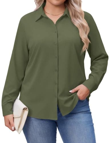 IN'VOLAND Womens Plus Size Long Sleeve Shirts Button Down Dress Shirt Green - Image 1