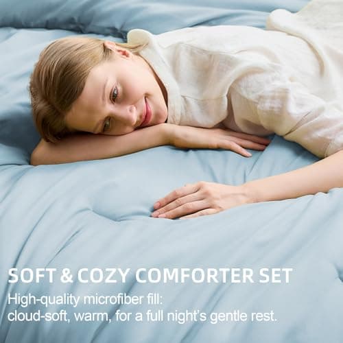 FUANNA Queen Comforter Set Light Blue, 7 Pieces Soft Bedding Sets Queen Size, All Season Lightweight Bed in a Bag with Comforter, Flat Sheet, Fitted Sheet, Pillowcases & Shams - Thumbnail 3