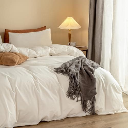 ELIMMO Cooling Super King Duvet Cover Set 3 Pieces-100% Washed Cotton Linen Like Textured Ultra Soft Cozy Bedding-Zipper Closure,Includes 1 Duvet Cover & 2 Pillow Shams(Off White,Super King 108"x98") - Thumbnail 2