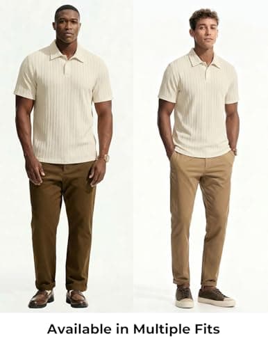 PJ PAUL JONES Mens Knit Polo Regular Fit Stretchy Polo Shirts Short Sleeve Textured Lightweight Golf Shirts Apricot - Thumbnail 6