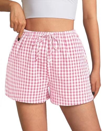 GKBK Boxer Shorts for Women Gingham Pajama 2026 Summer Spring Casual Lounge Sleep Plaid Checkered Shorts with Pockets Y2K Beach Bottoms Pink White Plaid L - Thumbnail 2