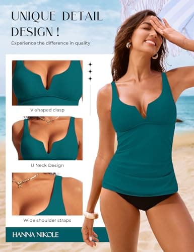 Hanna Nikole V-Shaped Steel Ring Tankini Top Tummy Control, Inner Mesh Bottom Tankini Tops for Women Swimwear Blue-Green S - Thumbnail 3