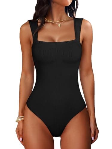 ANRABESS Bodysuits for Women Summer Ribbed Knit Sleeveless Square Neck Tank Tops Slim Fitted Going Out Vacation Outfits Black Small - Image 1