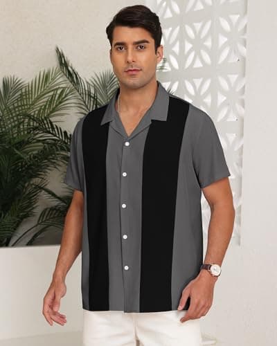 YTD Men's Vintage Bowling Shirt Short Sleeve Button Down Summer Cuba Beach Shirts Black Dark Gray - Thumbnail 2