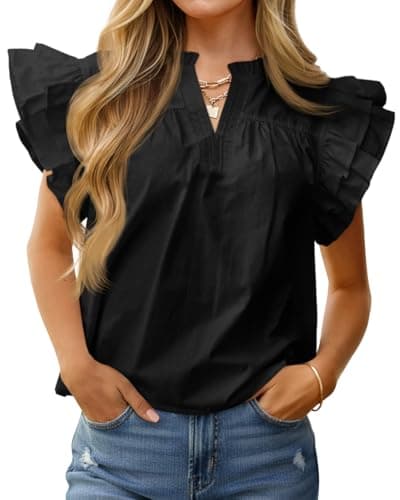 Cicy Bell Womens Ruffle Cap Sleeve Blouses V Neck Dressy Casual Tops Summer Sleeveless Cotton Shirts Black - Image 1