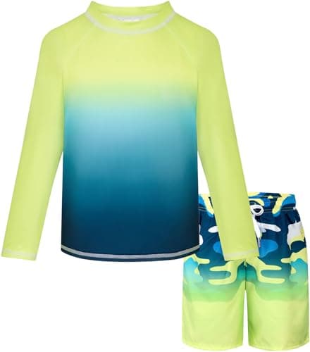 Belovance Boys Two Piece Rash Guard Swim Set Kids Long Sleeve Bathing Suit Swimwear Shirt with Trunks Swimming Suits Surfing Beach Clothes Quick Dry Size 6 7 Yellow Blue Camo - Image 1