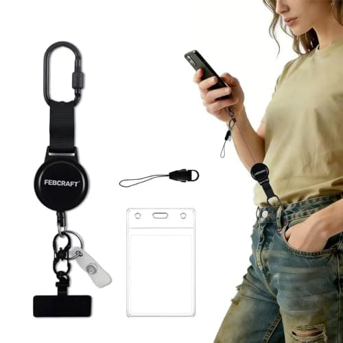 Febcraft Anti-Theft Phone Tether With Locking Carabiner, Retractable Steel Wire Phone Strap Loop, Clutch Lanyard Designed Specifically For Crowded Places Such As Travel Destinations (Black)