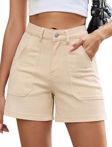 Eddoyee Women Stretchy Shorts High Waisted Cotton Shorts Summer Casual Chino Shorts with Pockets Trendy(Apricot, XX-Large) - Image 1
