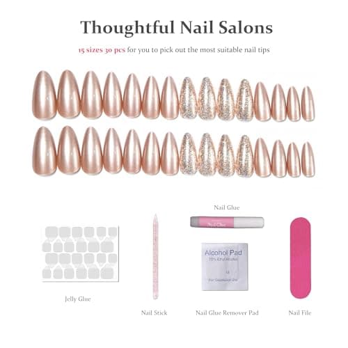 Fake Nails Press Ons Almond - Metallic Rose Gold Chrome Fake Nails, Handmade Reusable for Party Look, 30 Nails in 15 Sizes with Glue, Adhesive Tabs, File, Prep Pad, Manicure Stick - Thumbnail 4
