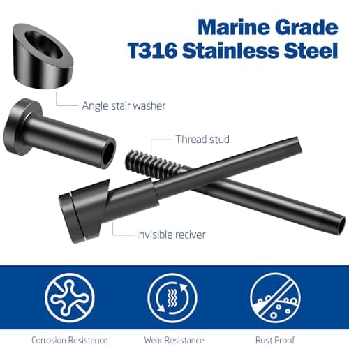Cable Railing Kit, 100 PCS 1/8" Black Stainless Steel Invisible Receiver and Swage Stud End & 10 PCS 5/16" ID Black Angle Washers for Cable Railing, Cable Railing Hardware for Wood/Metal Post, Wrench - Thumbnail 5