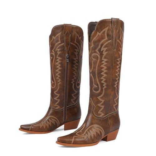 Easyfox Cowboy Boots for Women Knee High Brown Cowgirl Boots Square Toe Low Chunky Heel Embroidery Tall Western Boots for Women Size 7 - Thumbnail 5
