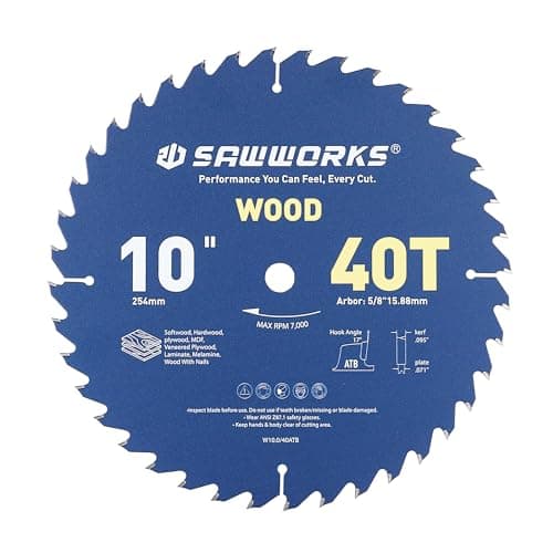 SawWorks 10 Inch 40T Circular Saw Blade ATB Carbide Tipped, Fine Finish Wood Cutting Saw Blade with 5/8" Arbor for Table Saws & Miter Saws - Image 1
