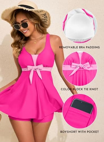 Aleumdr Tankini Set Swimsuits for Women Color Block Tummy Control Two Piece Bathing Suits Flowy Swim Dress Boy Shorts with Pockets Hot Pink Medium - Thumbnail 4
