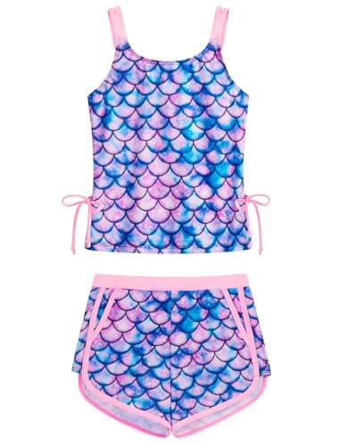 Little Mermaid Swimsuit Girls Tankini Swim Suits Size 6 Two Piece Kids Swimwear with Pocket Boyshorts Adjustable Twist Strap Bathing Suit 5t - Image 1