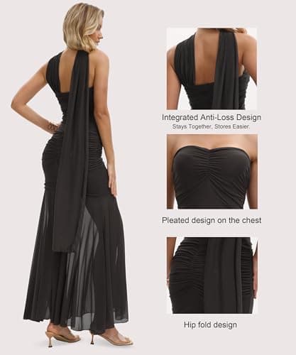 Curvphilo Women's Strapless Ruched Bodycon Mermaid Maxi Dress with Neck Scarf Formal Evening Prom Wedding Guest Gown Black - Thumbnail 5