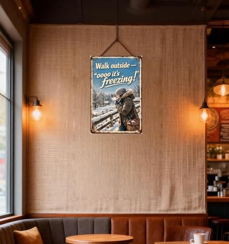 Walk Outside - Oooo It's Freezing Metal Tin Sign, 8x12 Inch Vintage Winter Art, Funny Cold Weather Quote, Snowy Landscape with Person in Coat, Pre-drilled Holes for Easy Hanging - Thumbnail 2