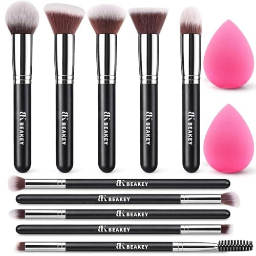 BEAKEY Makeup Brushes Set, Professional Foundation Eyeshadow Concealer Blush Powder Bronzer Applicator, 2 Blender Sponge with Beauty Paper Case