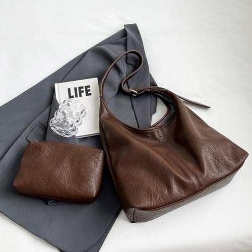 MaijjLyn Hobo Bags for Women Tote Bag Retro PU Leather Shoulder Handbags Slouchy Crossbody Hobo Purses with Coin Purse 2PCS Brown - Thumbnail 3