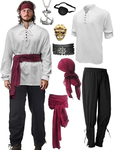 Verceco Mens Pirate Costume Outfit Renaissance Costume Men Medieval Outfit With Pirate Pants Shirts Sash Accessories (white, XX-Large) - Image 1