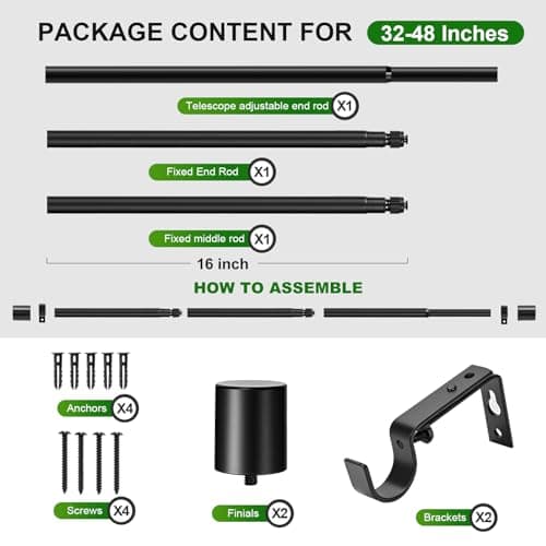 MERJULAN Premium 1 Inch Black Curtain Rod Set - Heavy Duty Adjustable 28 to 48 Inch Window Rod with Decorative Finials & Sturdy Brackets for Bathroom, Kitchen, Bedroom Windows - Thumbnail 5