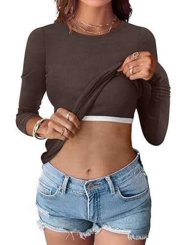 ANRABESS Women's Long Sleeve Shirts Top Built in Bra,Coffee,M - Image 1
