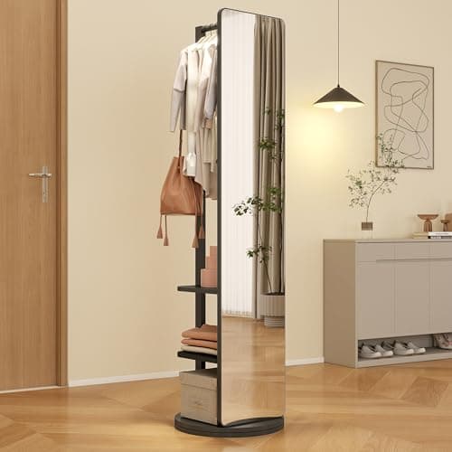 BOWEI Solid Wooden Mirror Coat Rack, Full Length Mirror with Coat Rack, Hall Coat Tree with Hooks and Storage Shelf for Coats, Hats, Bags, for Entryway, Hallway, Bedroom (Black) - Image 1