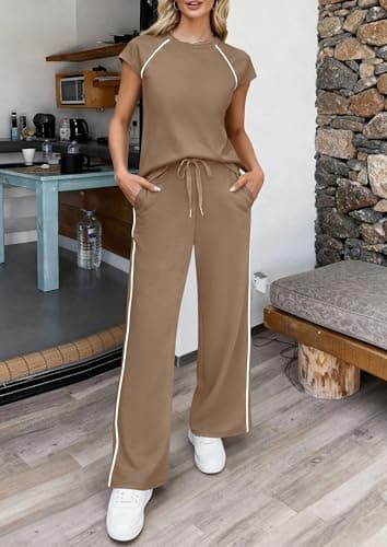 PRETTYGARDEN Two Piece Sets for Women 2026 Summer Vacation Outfits Cap Sleeve Tops Lounge Pants Matching Set Fashion Clothing (Khaki,X-Large) - Thumbnail 2